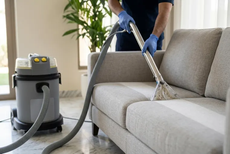 A Twin Cleaners technician deep-cleaning a fabric sofa with a professional spray-extraction machine in a Dubai villa