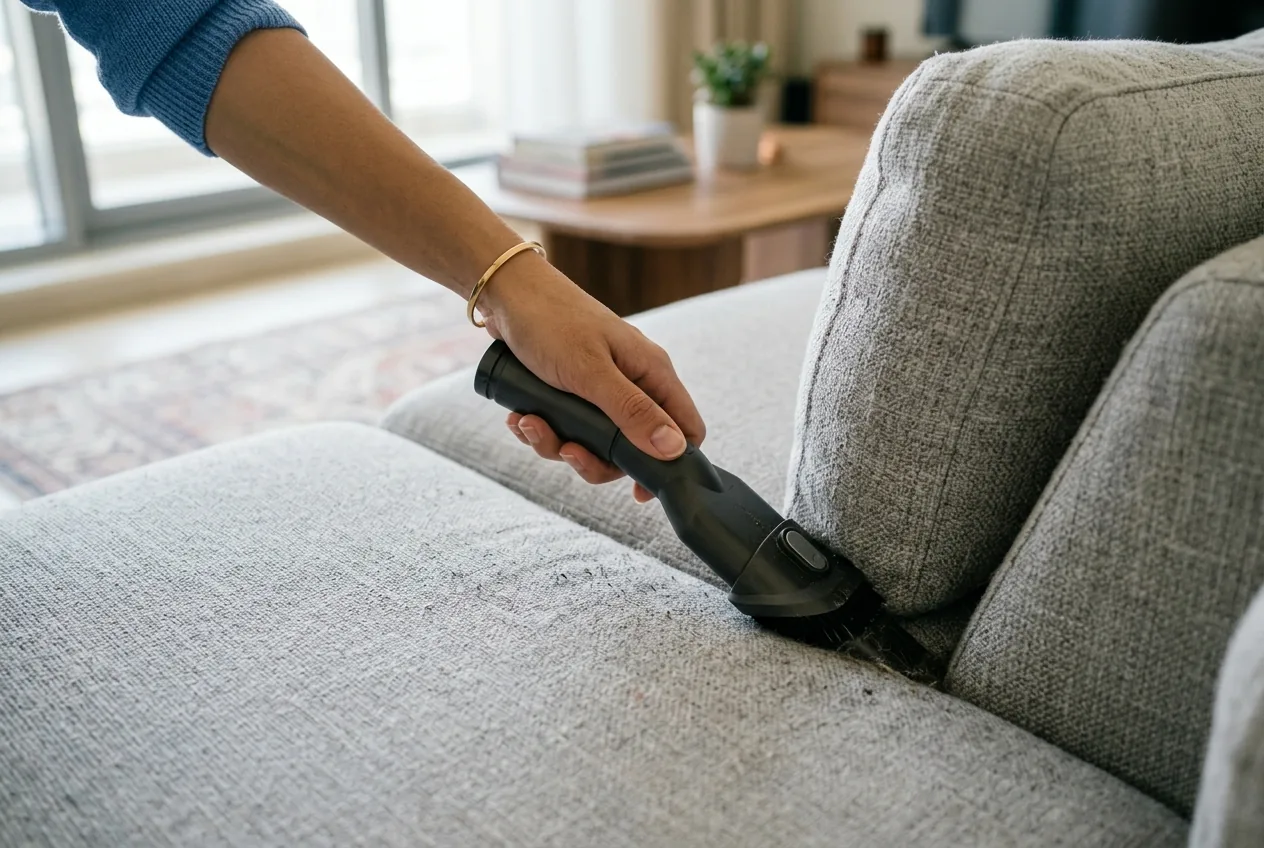 Vacuuming a fabric sofa with an upholstery tool in a Dubai living room