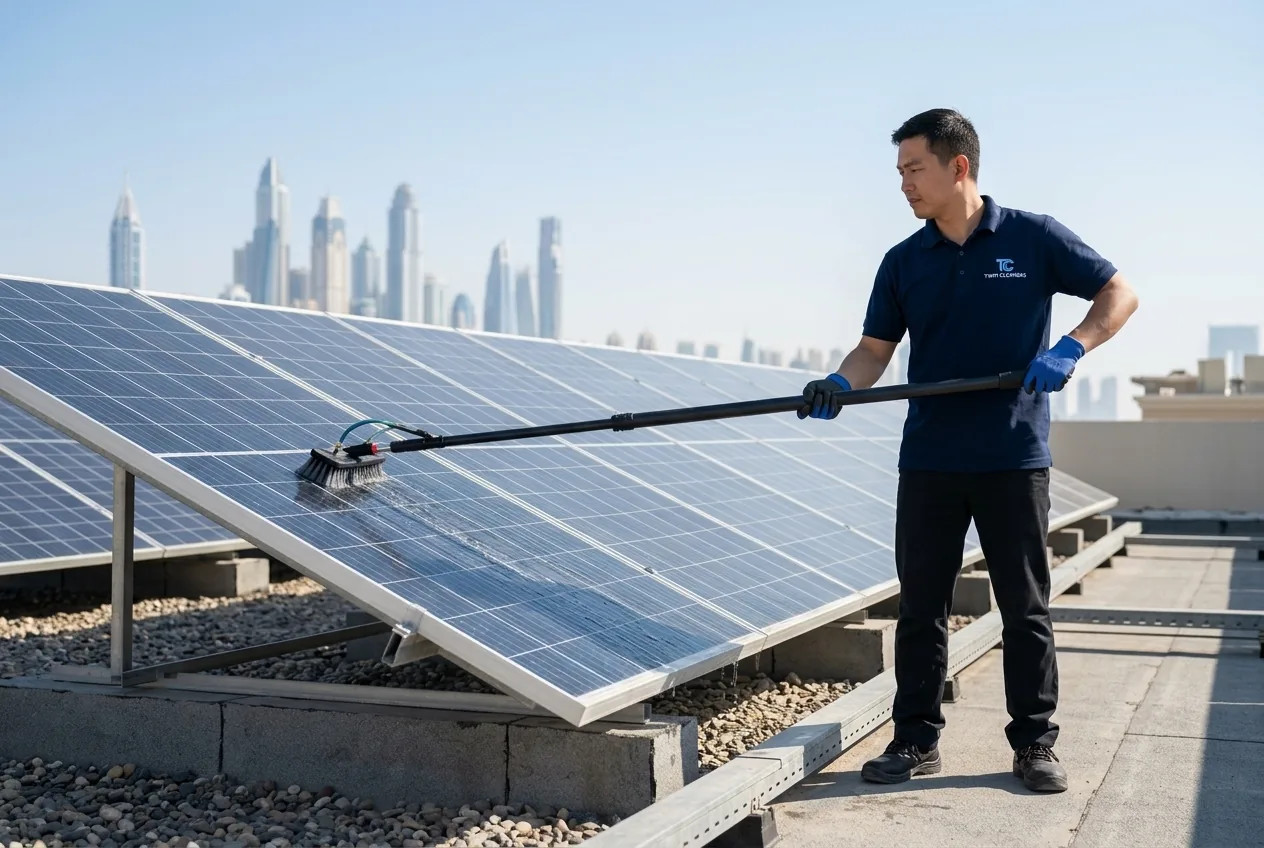 A Twin Cleaners technician cleaning rooftop solar panels with a pure-water-fed brush in Dubai