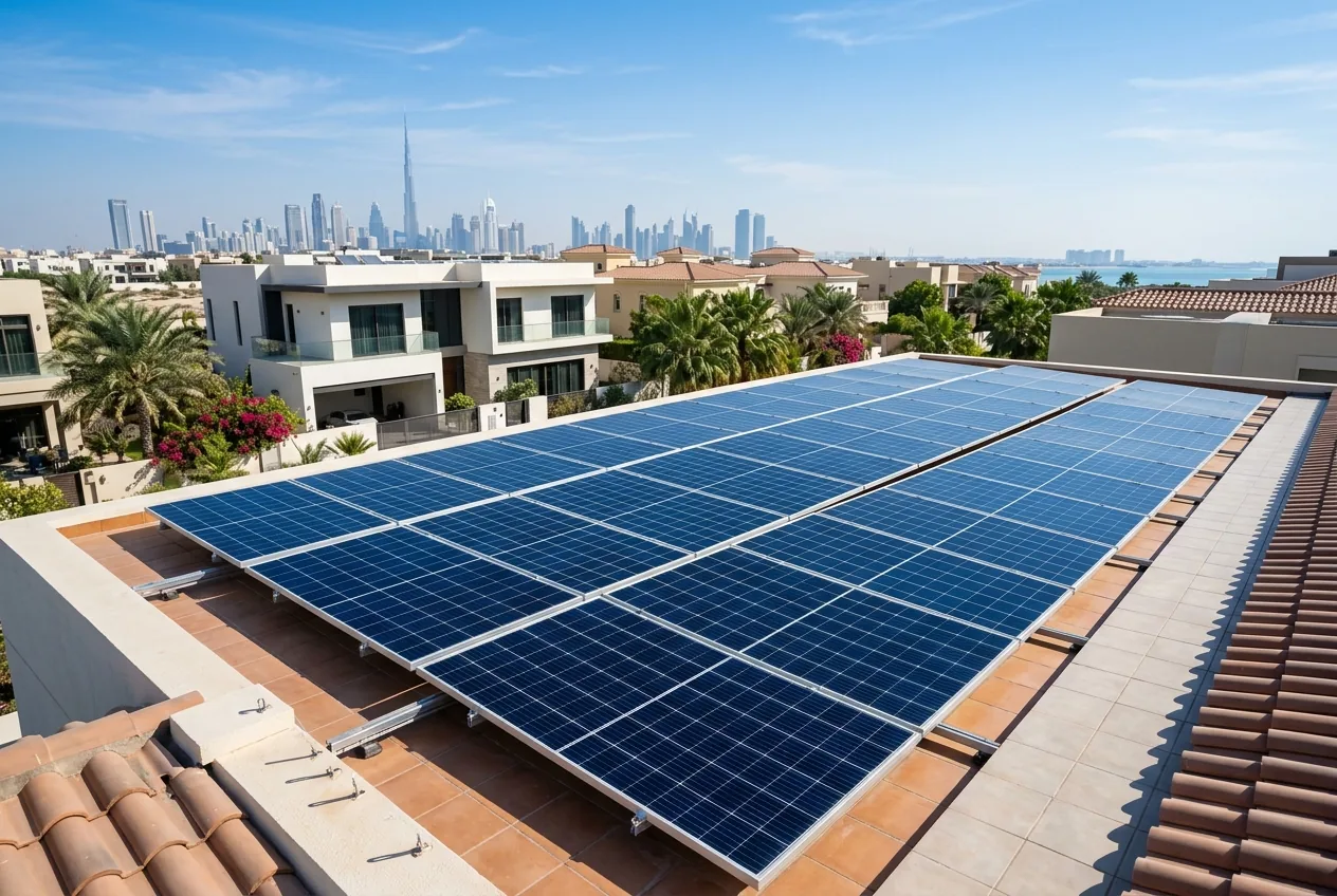 Clean solar panels gleaming on a Dubai villa rooftop under a blue sky