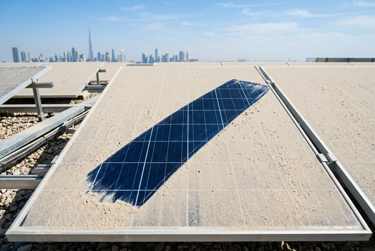 A dusty rooftop solar panel with one strip wiped clean to reveal the dark cells underneath