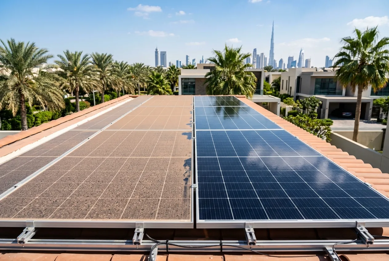 Rooftop solar panels on a Dubai villa, half coated in desert dust and half freshly cleaned