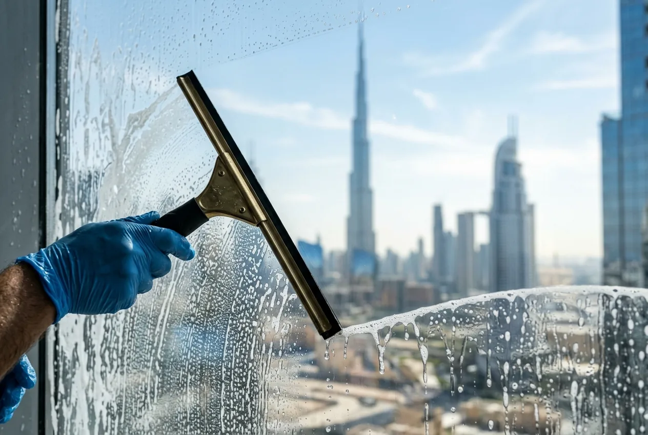A squeegee leaving a streak-free stripe on a Dubai high-rise window with a skyline view