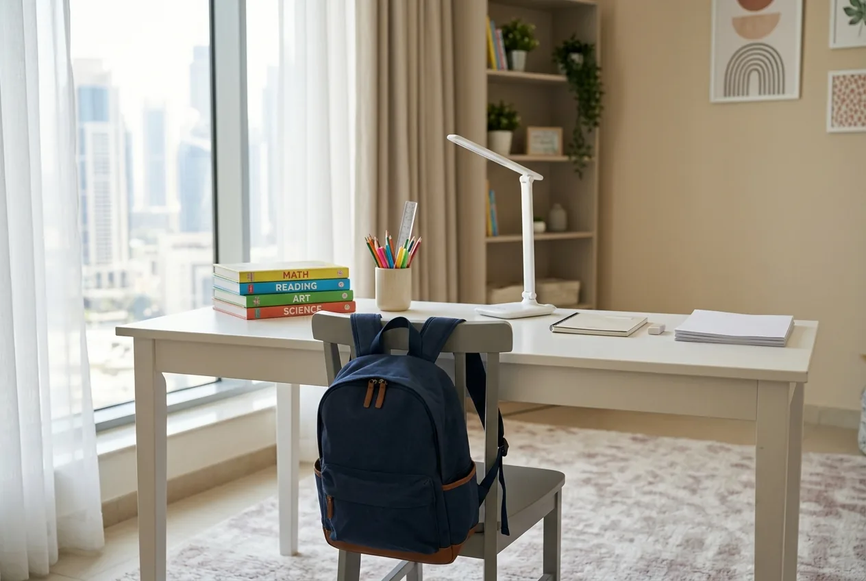 A tidy, freshly cleaned child's study desk ready for the new school term