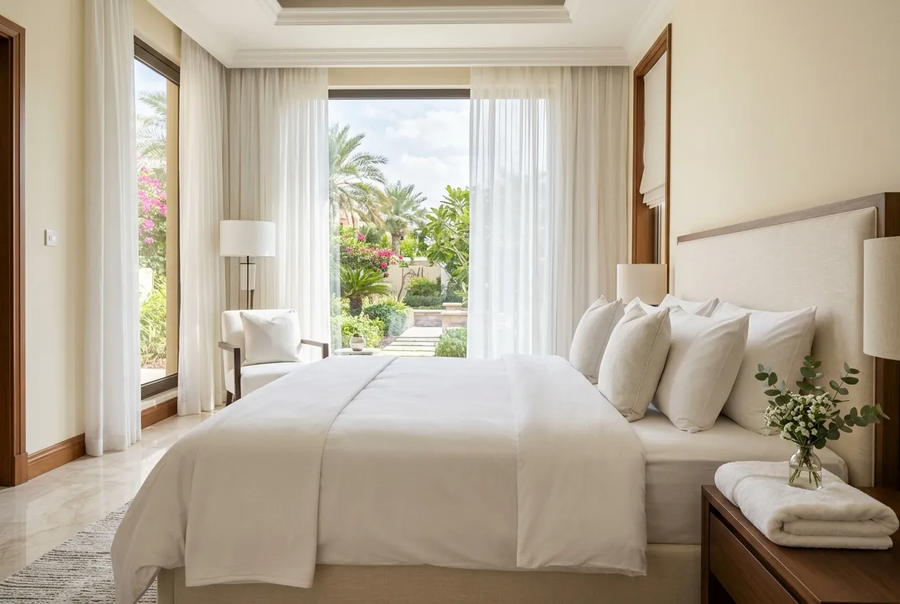 A freshly made bed with crisp white linen and folded towels in a bright Dubai villa bedroom