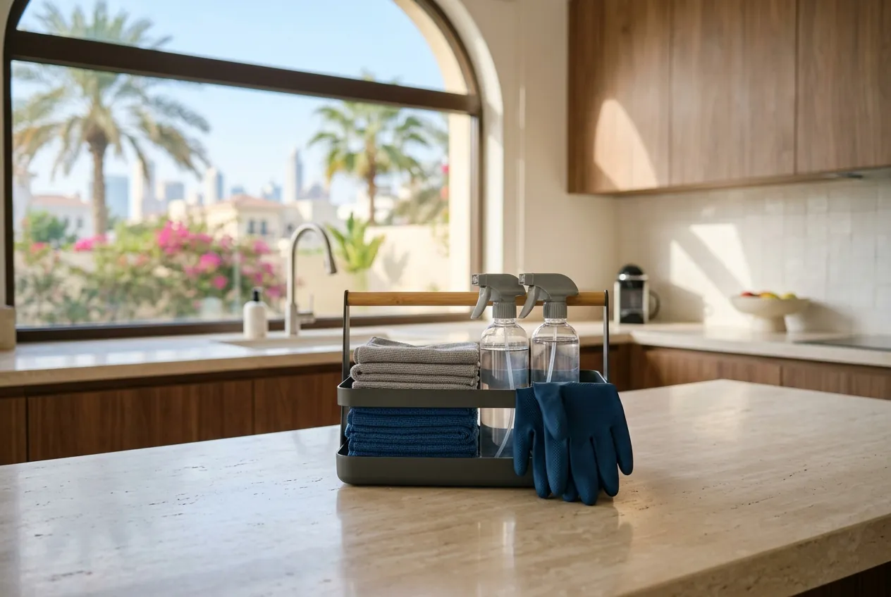 A tidy caddy of folded microfibre cloths, spray bottles and cleaning gloves on a spotless Dubai villa kitchen counter