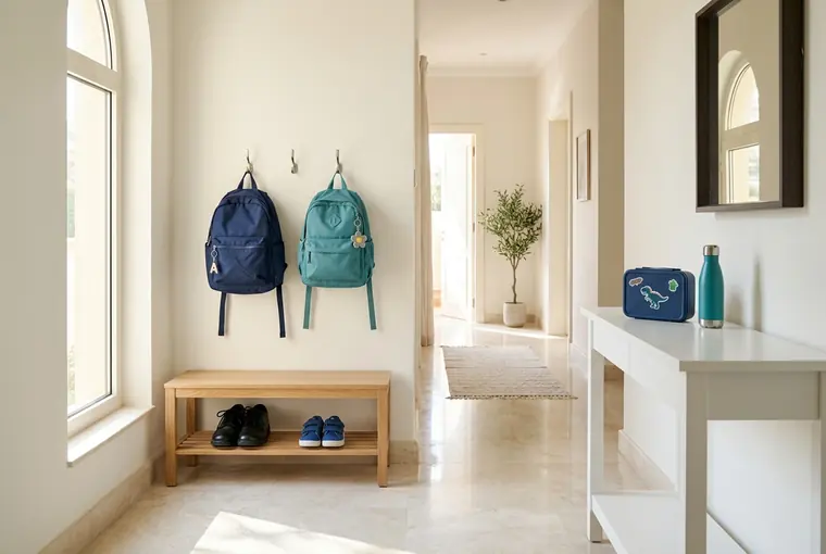 A tidy Dubai villa hallway on a school morning, with backpacks on hooks and a lunchbox ready on the console