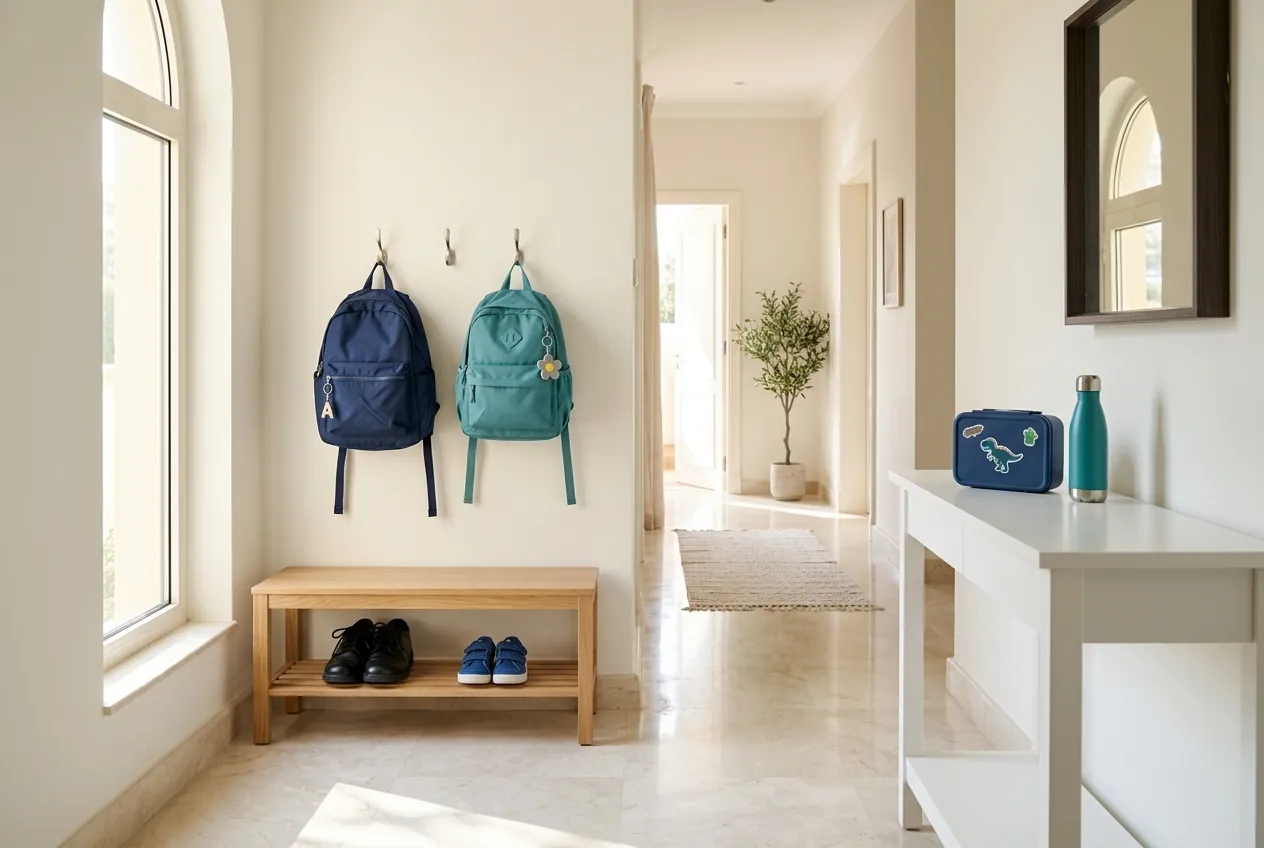 A tidy Dubai villa hallway on a school morning, with backpacks on hooks and a lunchbox ready on the console