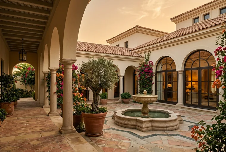 The inner courtyard of a Spanish-style villa with terracotta roof tiles, an arched colonnade, a stone fountain and potted olive trees