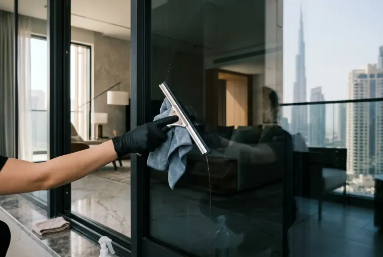 A gloved hand cleaning a large glass window with a squeegee, Dubai skyline beyond