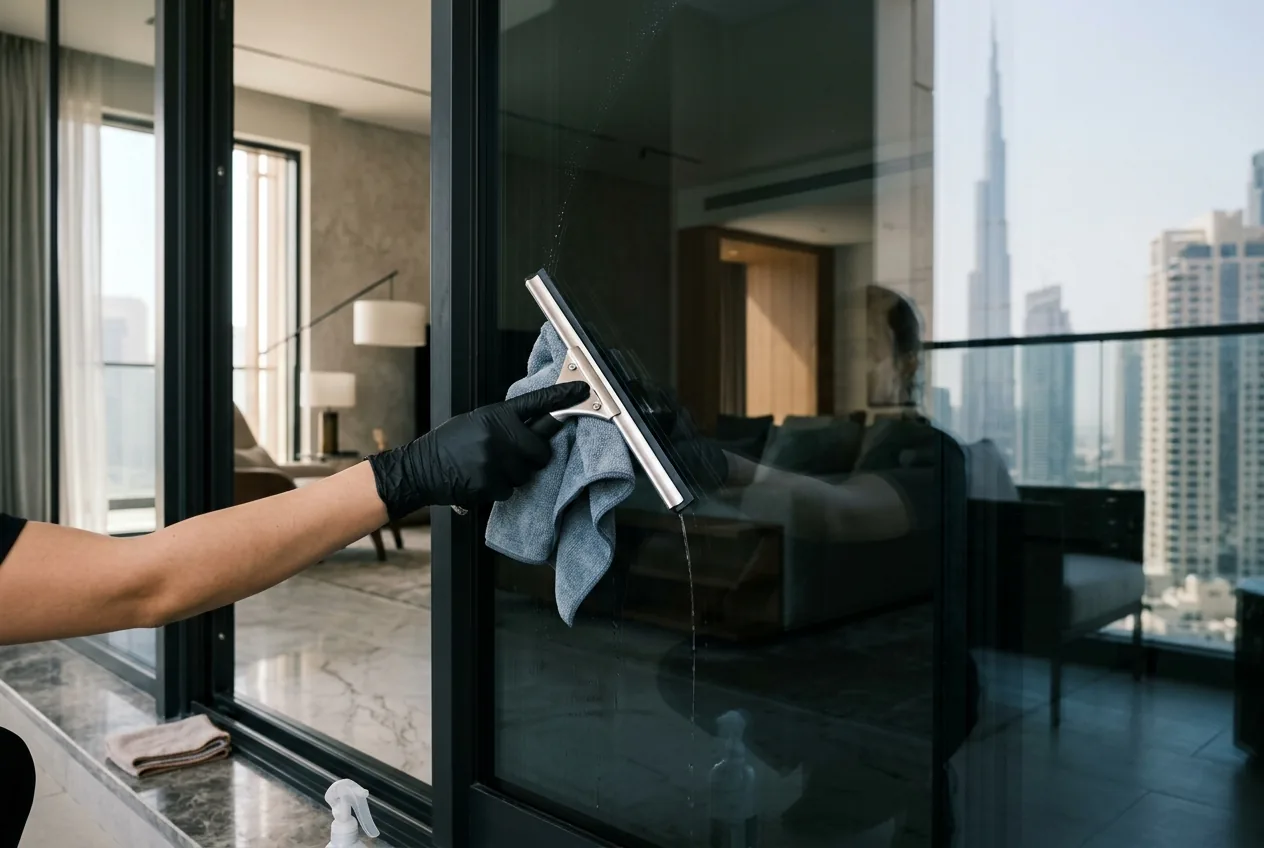 A gloved hand cleaning a large glass window with a squeegee, Dubai skyline beyond