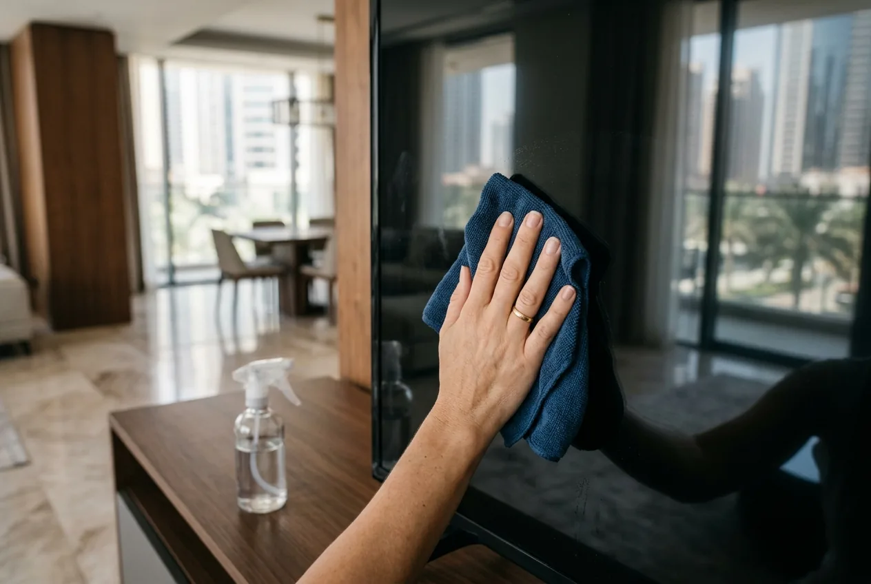 A soft microfibre cloth gently cleaning a dark tinted window