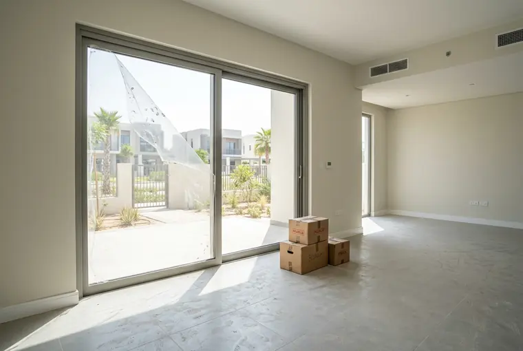 A brand-new handed-over townhouse in Dubai with protective film half peeled from the glass doors and moving boxes on a dusty floor