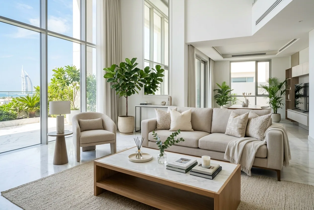 A bright, immaculately clean modern Dubai villa living room