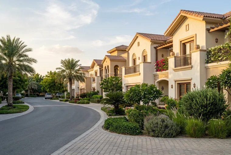A quiet street of Mediterranean-style townhouses with terracotta roofs and landscaped gardens in Villanova, Dubailand