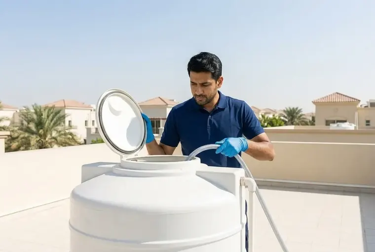 A Twin Cleaners technician opening a rooftop water tank at a Dubai villa