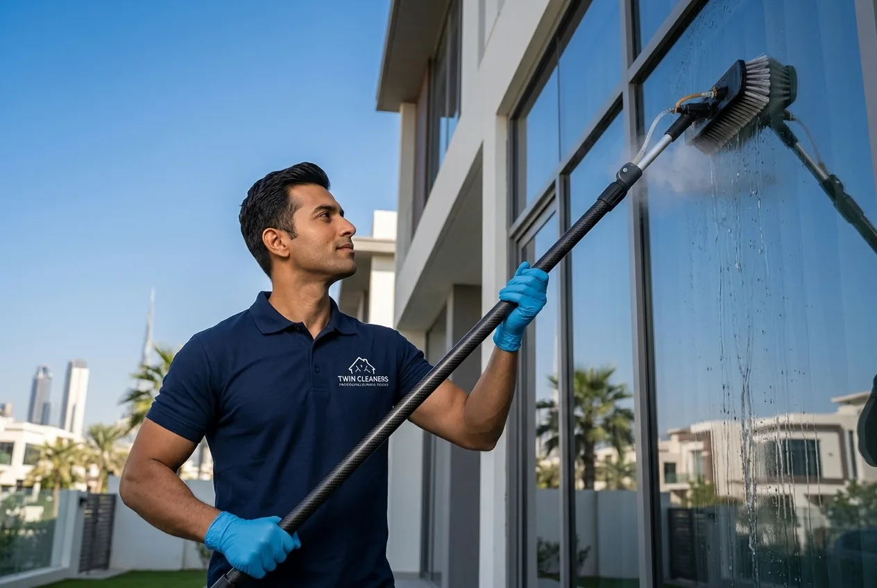 A window cleaner using a water-fed pole to clean upper-floor villa windows from the ground