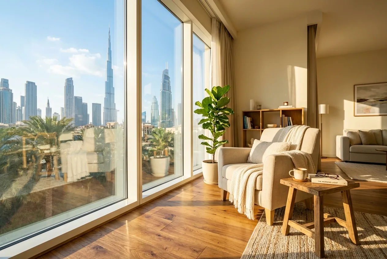 Warm daylight streaming through a spotless window into a bright Dubai home