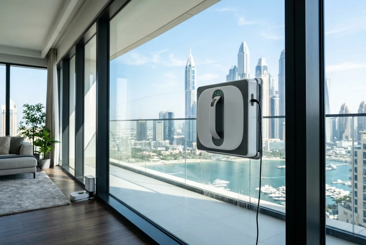 A robotic window cleaner moving across a large villa window in Dubai