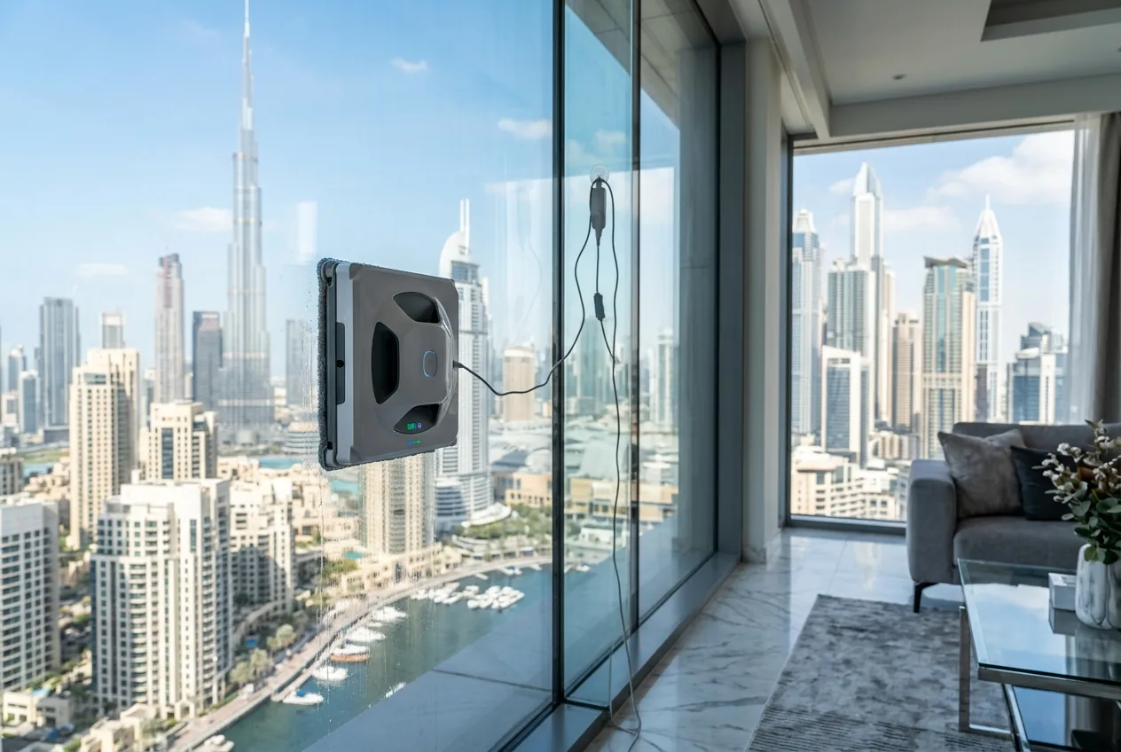 A robotic window-cleaning device on a floor-to-ceiling window in a Dubai high-rise with a skyline view