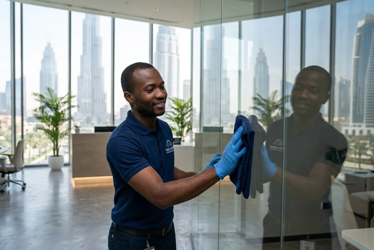 Twin Cleaners technician working on a window frame in a Dubai villa