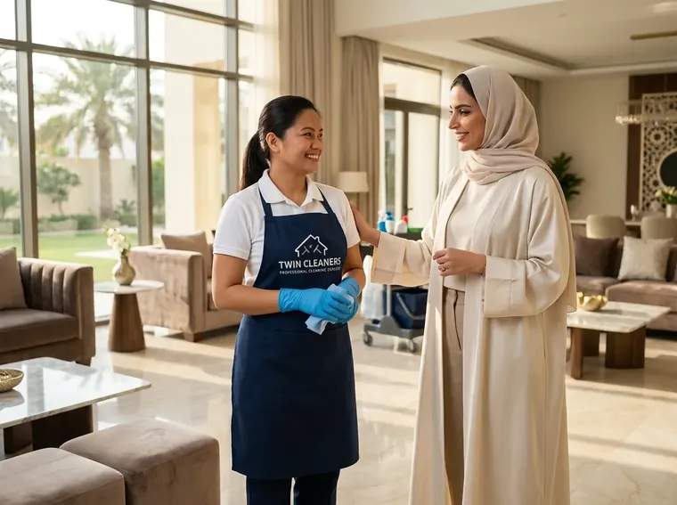 A Twin Cleaners housekeeper with a happy Dubai homeowner in a spotless living room