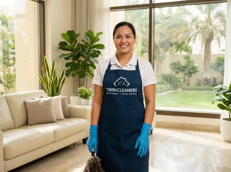 A friendly Twin Cleaners housekeeper in uniform in a bright Dubai villa living room