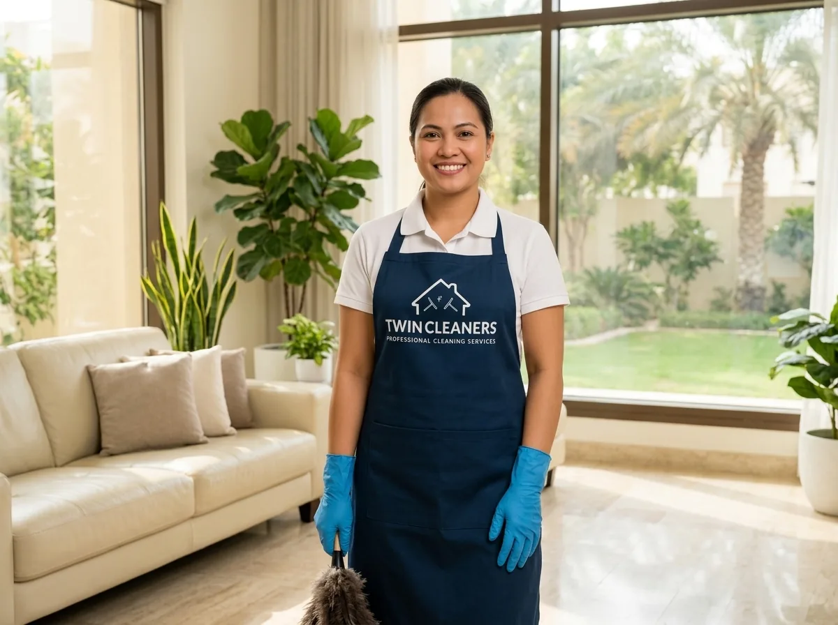 A friendly Twin Cleaners housekeeper in uniform in a bright Dubai villa living room