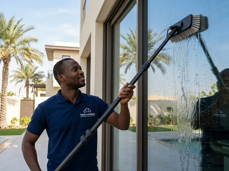 A Twin Cleaners window cleaner using a pure-water-fed pole to clean a Dubai villa window from the ground