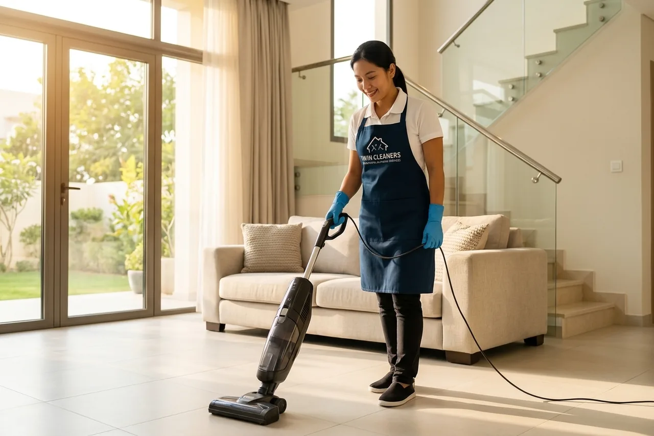 Twin Cleaners maid vacuuming a bright modern Dubai villa living room