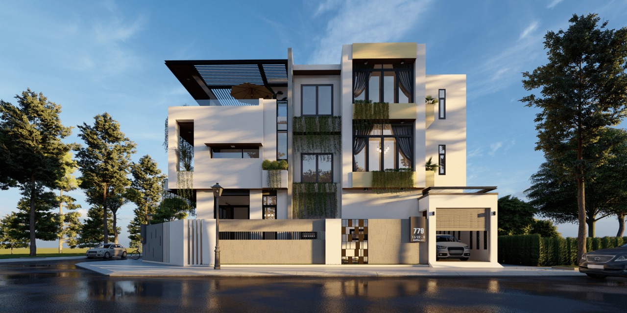 Modern white villa with glass balconies in Dubai