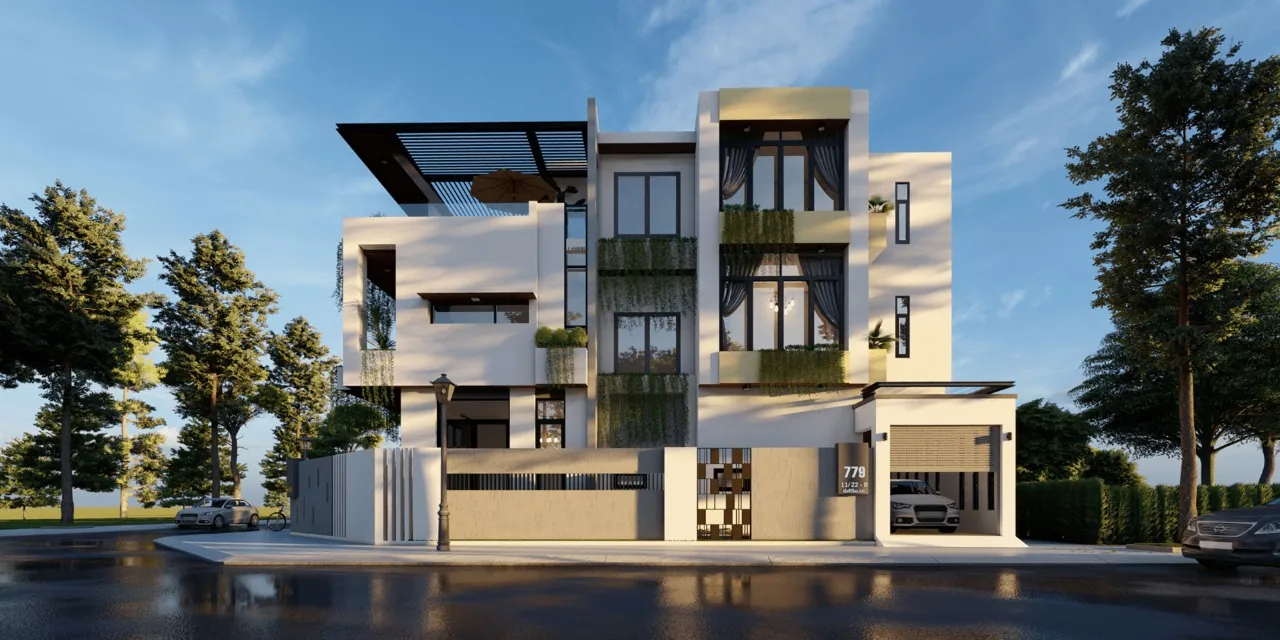 Modern white villa with glass balconies in Dubai