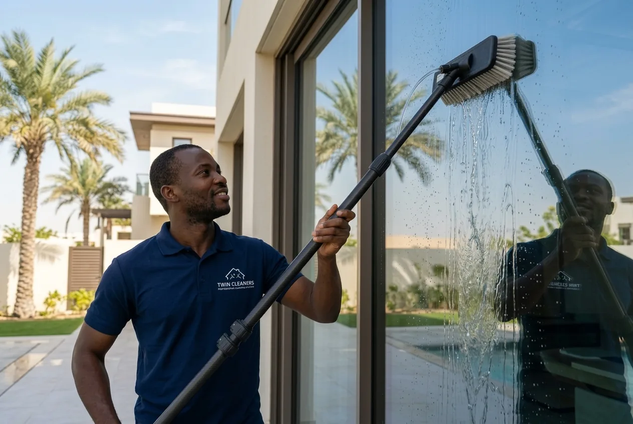 A Twin Cleaners technician cleaning a Dubai villa window with a pure-water-fed pole