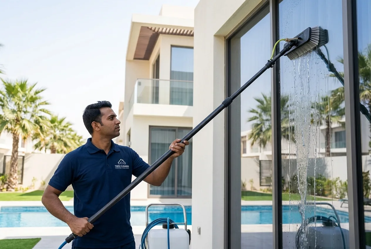 A Twin Cleaners window cleaner at work on a Dubai villa