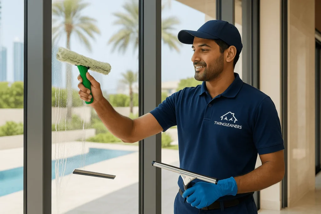 Professional window cleaner in Dubai cleaning a residential villa glass window with the Twin Cleaners logo.